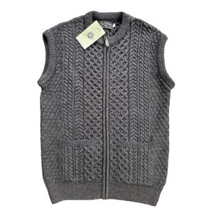 The Irish Store Aran Knit Vest Mens Large Gray New Merino Wool Zip Front Sweater